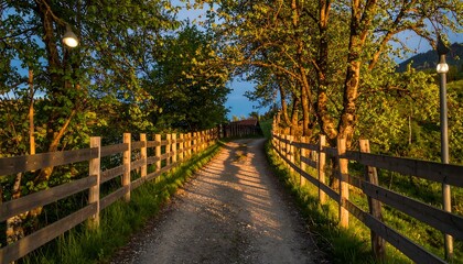 A picturesque country lane, lined with a rustic wooden fence, bathed in the warm glow of the golden hour.