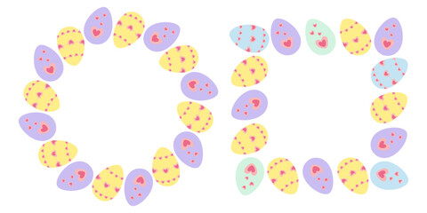 Easter Eggs with hearts Circular and Square Frame border Copy space. Easter Greetings Template Set