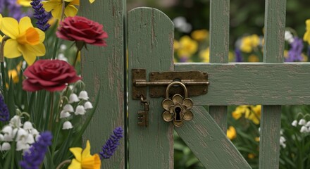 A weathered green wooden gate adorned with a flower-shaped lock and key, nestled among vibrant spring flowers