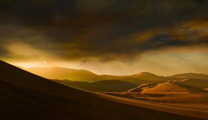 Sand dunes Sahara Desert at sunset and sandstorm, 3D illustration