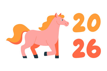 fun horse with 2026 numerals on white background. New Year 2026