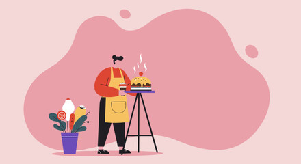A vibrant illustration of a chef or baker proudly presenting a freshly made cake and cupcake, symbolizing culinary creativity and homemade delight. Ideal for food, hobby, or lifestyle content.