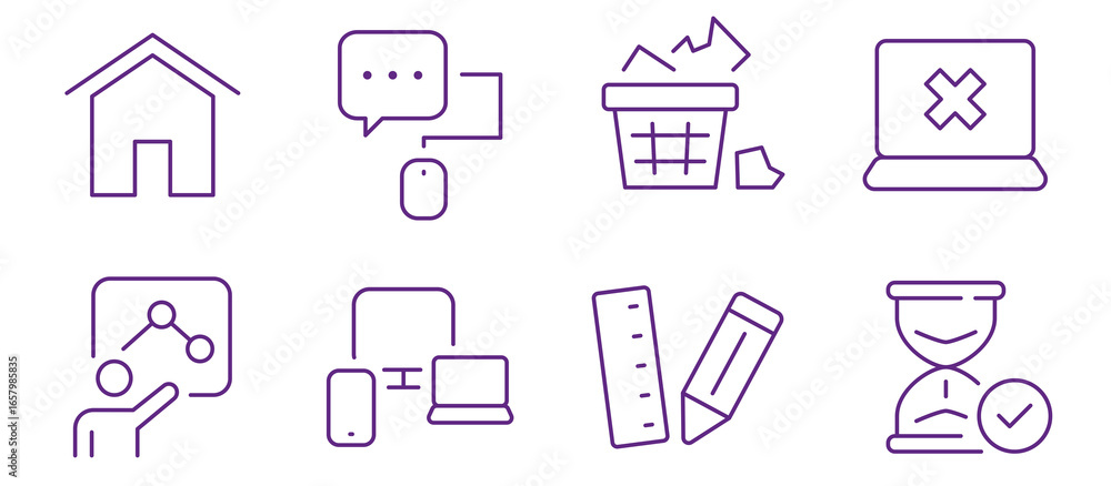 Poster a collection of simple purple line icons representing various business and technology concepts.