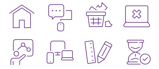 A collection of simple purple line icons representing various business and technology concepts.