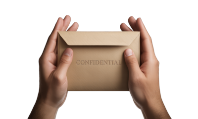Hands holding a "CONFIDENTIAL" marked envelope against a black background