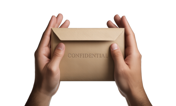 Hands holding a "CONFIDENTIAL" marked envelope against a black background