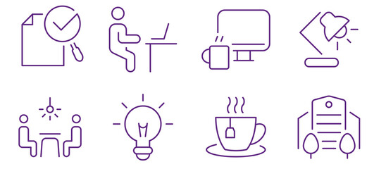 Modern office icons depicting work, ideas, and relaxation in a clean, minimalist style.