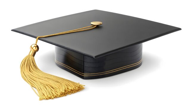 Black graduation cap with gold tassel on white background