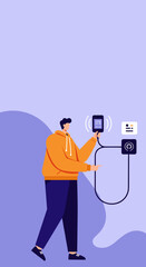 Young man connecting and managing an electric vehicle charging station with his smartphone, symbolizing future energy technology.