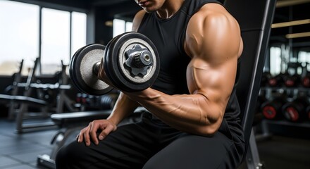 cropped shot of fitness man doing concentration curls exercise working out with dumbbell in gym. Weight training concept