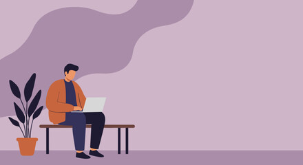 A man works on his laptop, sitting on a bench next to a potted plant, representing remote work, online learning, or digital business.