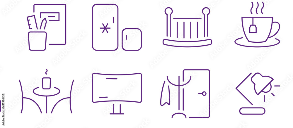 Poster a collection of simple purple line art icons representing everyday objects and concepts.