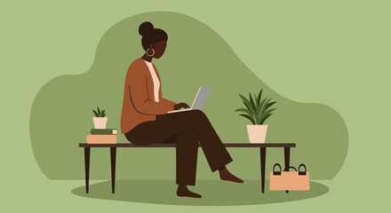 Focused Black woman working remotely on laptop in a calm, modern setting. Ideal for concepts of productivity, digital nomad lifestyle, online learning, or flexible work.