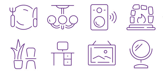 Collection of modern home interior design elements and decor icons