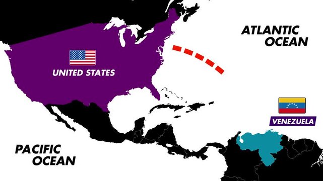 4K Map Animation Of USA Sending Destroyers Toward Venezuela Represented By Dotted Line Across Atlantic With Labeled National Flags