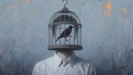 depression psychology abstract art, thoughts trapped in a cage, unable to develop