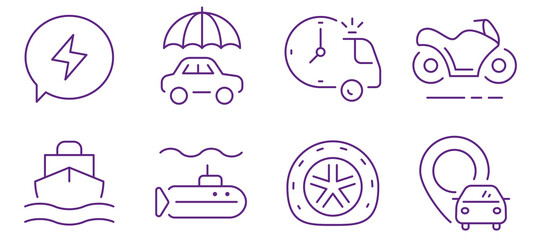 Diverse transportation and service icons representing travel, safety, and delivery.