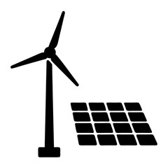 Black and white vector image of a wind turbine and solar panels © kulsum