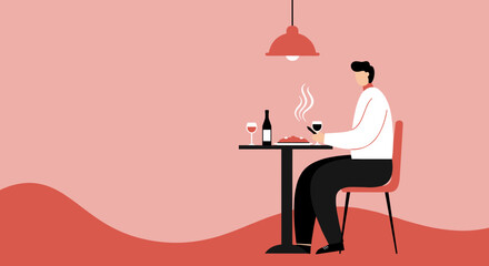 Man enjoys solo dinner and wine at a restaurant, holding his phone. Depicts modern dining, leisure, and digital connectivity.