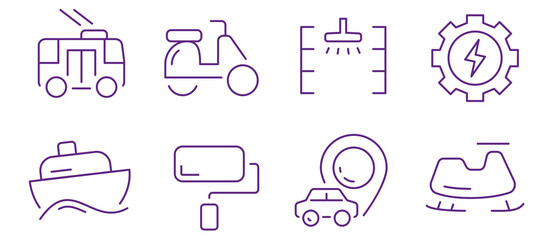 A collection of simple line icons depicting various modes of transport, utilities, and leisure activities.