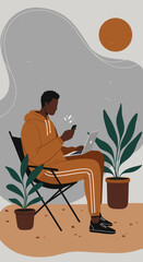 Relaxed man working remotely on laptop and phone, surrounded by plants. Ideal for digital nomad, remote work, or online communication concepts.