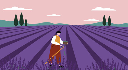 Person harvesting fresh lavender in a vibrant purple field, evoking tranquility and traditional agricultural work in a rural landscape. © El Leif