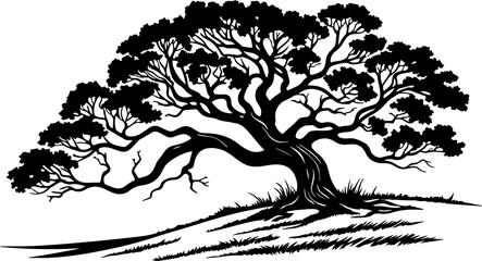 A black and white illustration depicts a detailed, broad tree with thick branches and a gnarled trunk, set against a stark white background.
