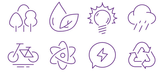Diverse icons representing nature, energy, and sustainability for environmental concepts.