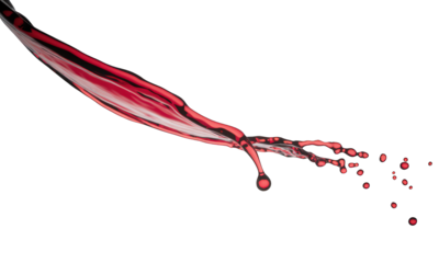 Red liquid splash on black, forming dynamic shapes with droplets & streaks