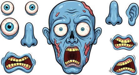 Cartoon facial features, blue zombie head, expressive eyes, mouths, ears, noses, character design elements, vector illustration, monster emotions