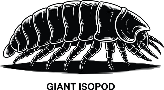 Detailed black and white illustration of a giant isopod