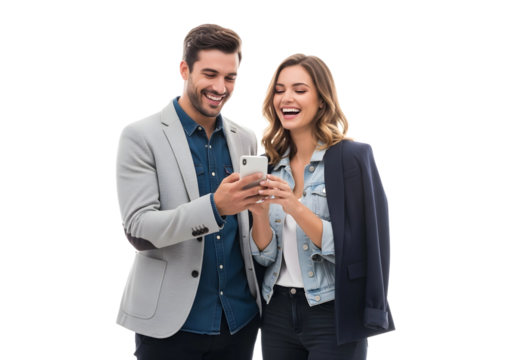 Couple laughing while looking at a mobile phone on transparent background