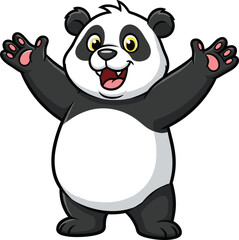 Naklejka premium Cartoon panda character, arms raised, cheerful expression, open mouth, pink paw pads, vector illustration, cute animal mascot, welcoming pose
