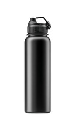Thermos sports bottle, black matte finish. It has an all-white background and is isolated from behind it in front view. isolated on transparent or white background.