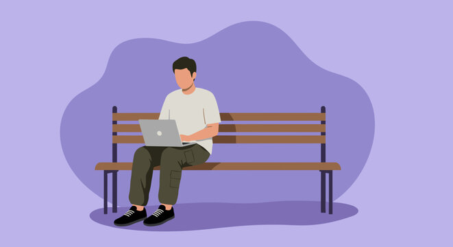 Man on bench working on laptop, symbolizing remote work, digital lifestyle, and flexibility. Ideal for business, technology, or modern education concepts.