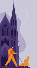 Visually impaired person navigating city streets with a white cane past a grand church, symbolizing independence and urban accessibility.