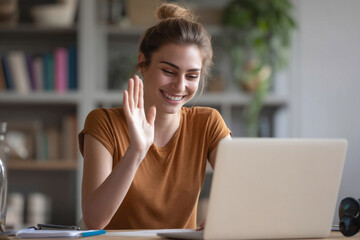 Young adult Caucasian professional hosting a virtual networking session, welcoming participants and moderating live chats with ease