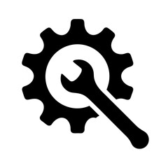 A gear and a wrench representing mechanical repair and setting adjustment together
