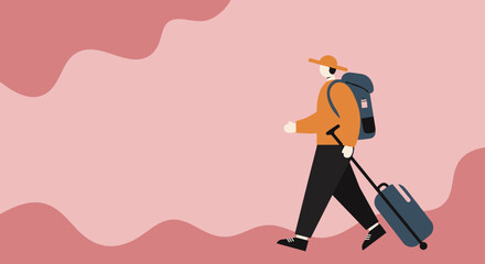 Minimalist illustration of a person traveling with a backpack and rolling suitcase, representing global journey, tourism, or new beginnings.