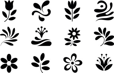 Stylish Black Floral Icons:  Simple, Elegant Botanical Vector Graphics.