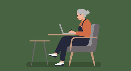 Elderly woman actively learning or working on a laptop, representing lifelong education, digital literacy, and independent senior lifestyle.