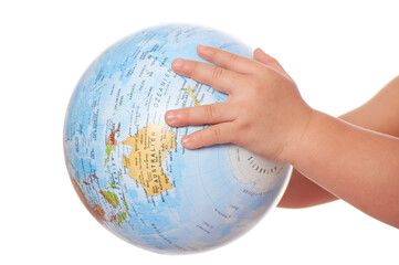Small baby hands holding globe with world map and continents shown and names written and German