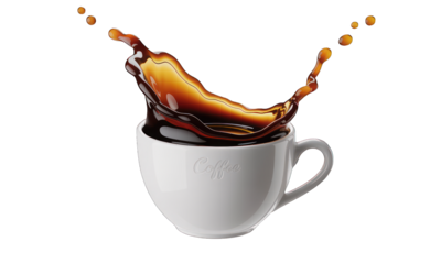 Liquid splatters explosively from an overflowing white coffee mug on black