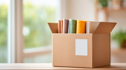 A cardboard box filled with colorful cushions and blankets, placed on a table against a blurred living room backdrop, featuring an empty label for text.