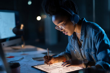 Innovative African-American professional sketching digital wireframes on a tablet, headphones on, completely immersed in tech-driven strategy work.