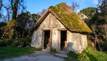 A weathered stone hut with a mossy thatched roof sits nestled amongst large rocks and lush greenery, bathed in the soft light of a sunny day.