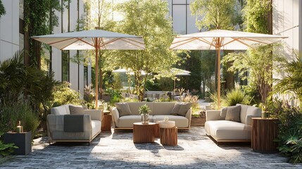 Obraz premium Relaxing outdoor lounge with modern sofas, umbrellas, and lush greenery creates a serene oasis.
