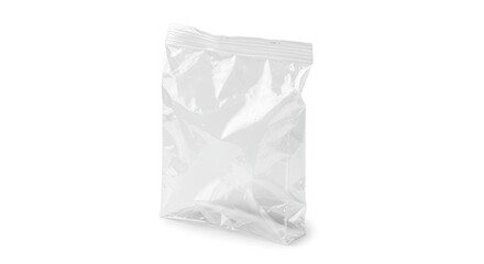 Upright, slightly crumpled, transparent plastic bag with a sealable top, on a plain white background