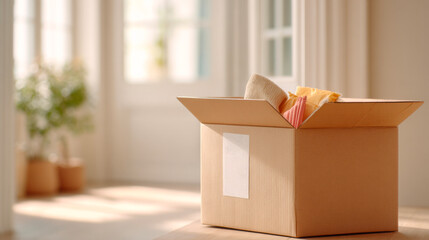 A cardboard box filled with colorful cushions and blankets, placed on a table against a blurred living room backdrop, featuring an empty label for text.