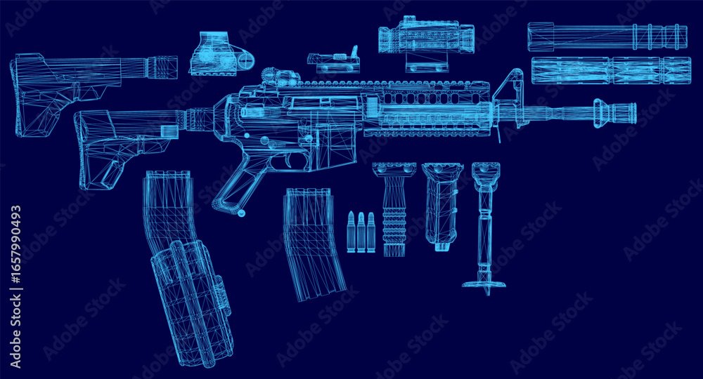 Poster blueprint of an rifle with labeled parts on a blue background. detailed wireframe design includes nu